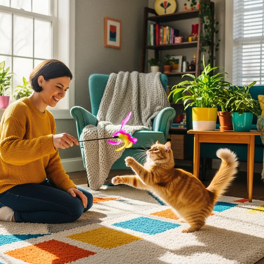 Person playing with a cat using a feather wand, fostering a strong feline-human bond.