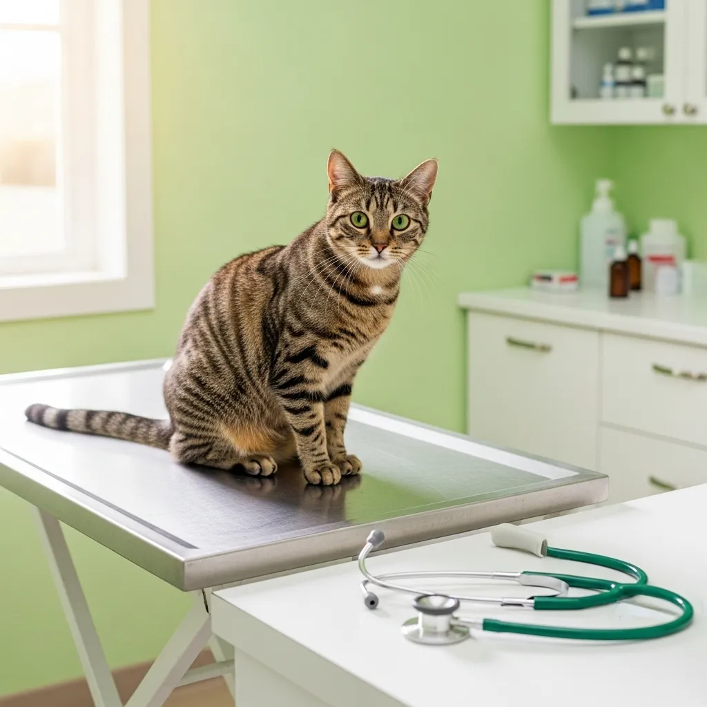 Cat on a vet’s examination table, emphasizing the importance of professional care for behavioral changes.
