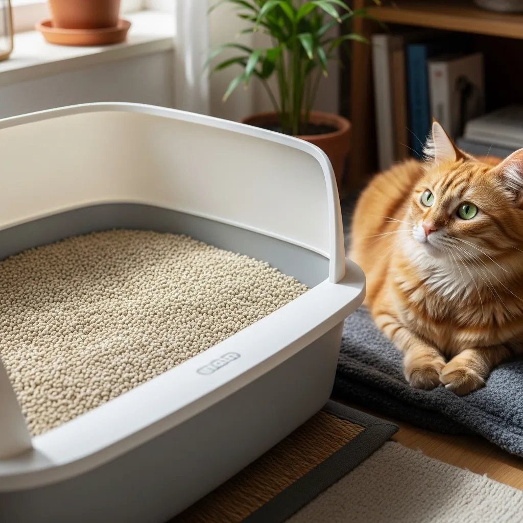 Cat Urine Smells So Bad 1 Clean litter box with clumping litter in a cozy home, showcasing proper cat urine odor management.