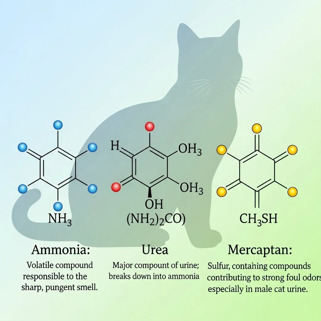 Cat Urine Smells So Bad 2 Scientific illustration of ammonia, urea, and mercaptans, explaining the chemical causes of strong cat urine smell.