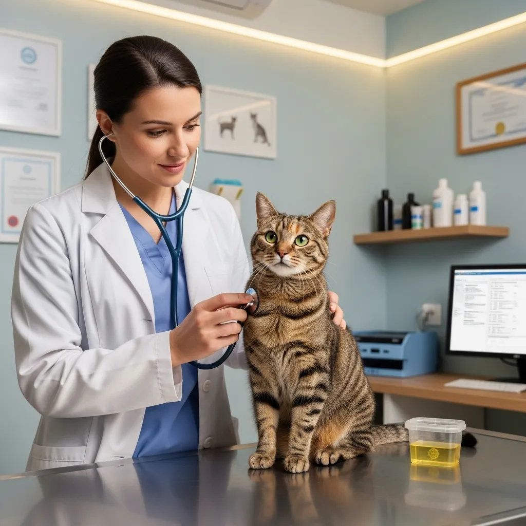 Cat Urine Smells So Bad 3 Veterinarian checking a cat for health issues related to strong-smelling urine, with a urine sample visible.