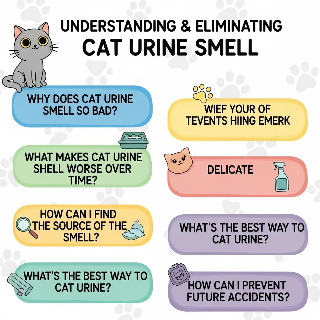Cat Urine Smells So Bad 5 Infographic answering FAQs about cat urine smell causes and solutions, with a cute cat cartoon.