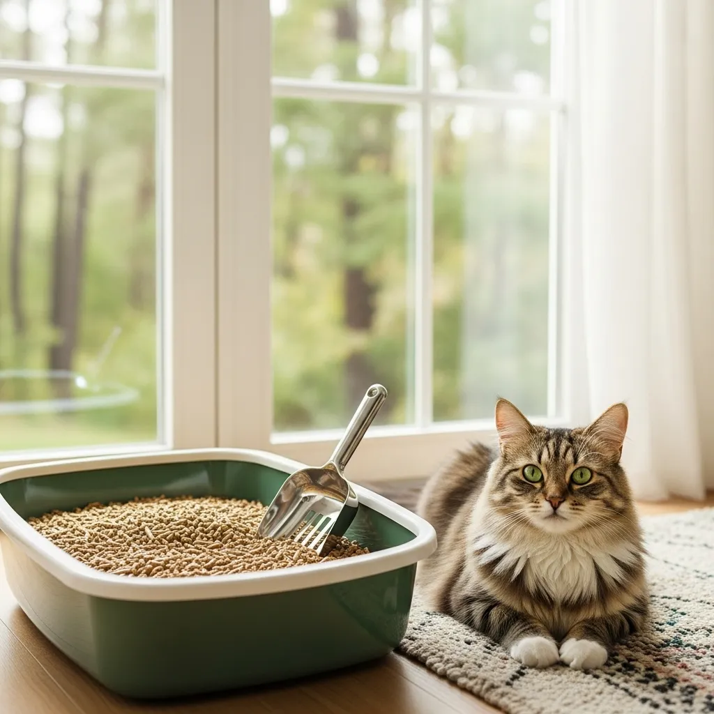 Clean litter box with non-clumping pine pellets, a scoop, and a relaxed cat in a bright room with a pine forest backdrop.
