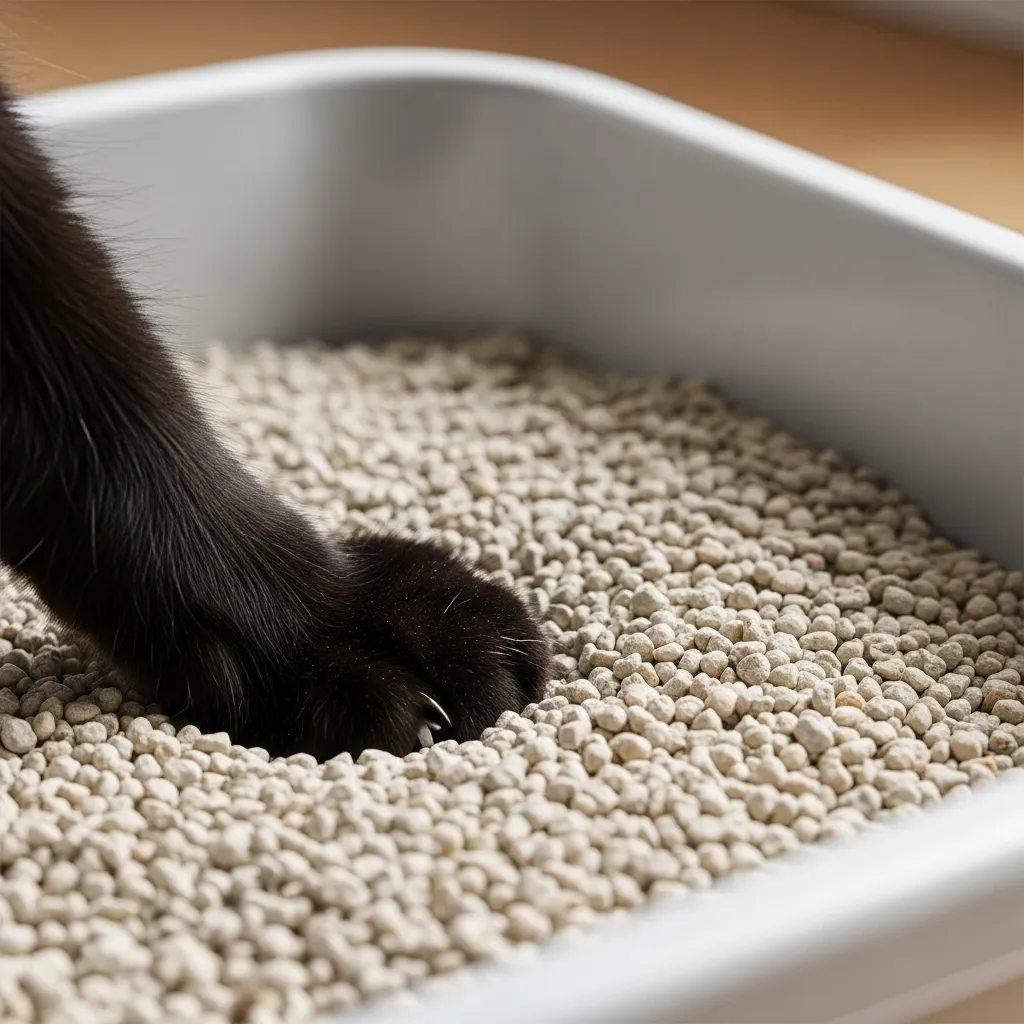 Close-up of non-clumping clay litter in a box with a cat’s paw, showcasing a clean, dry texture.