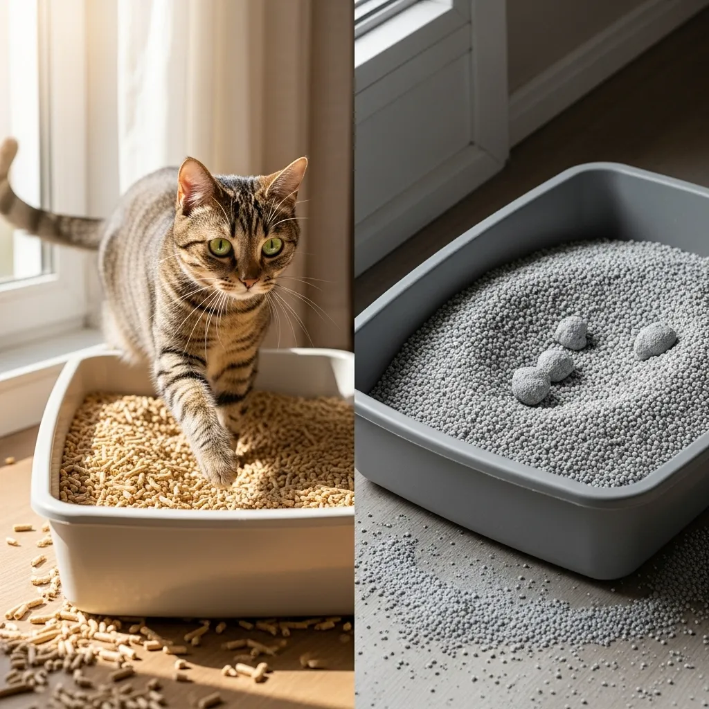 Side-by-side litter boxes comparing non-clumping pine pellets and clumping clay, with a cat favoring the non-clumping side in a dust-free setting.