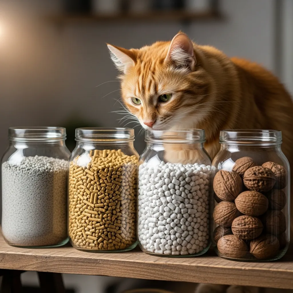 Four non-clumping cat litter types—clay, pine, paper, and walnut—in glass jars on a shelf, with a curious cat sniffing one.