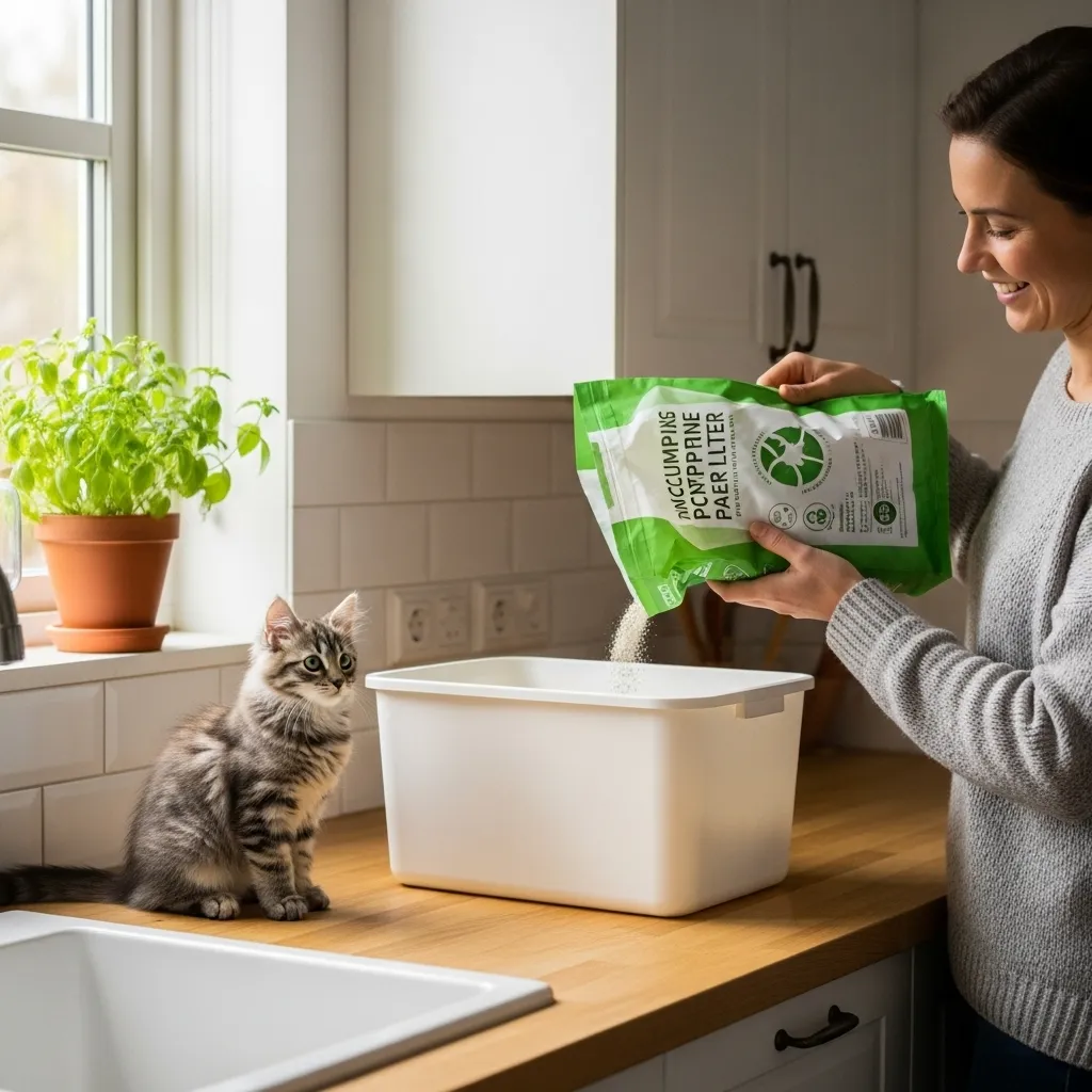 Cat parent pouring non-clumping paper litter into a box, with a kitten observing in a clean kitchen setting.
