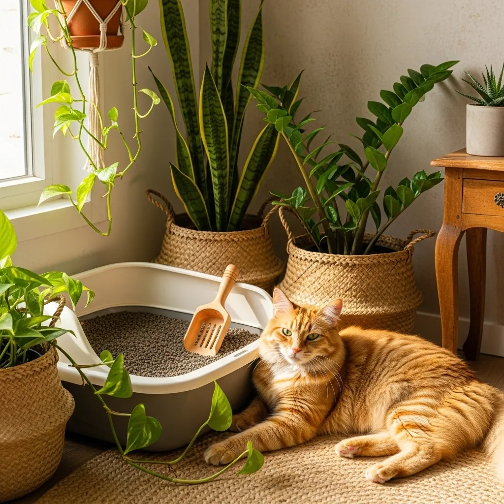 Litter box with walnut-based non-clumping litter in a cozy corner with plants, featuring a relaxed cat.