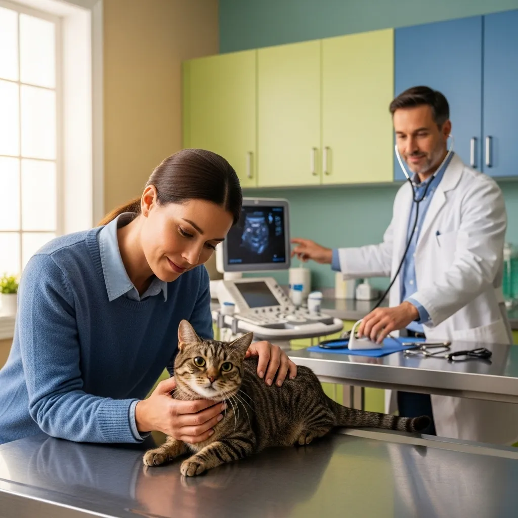 Pet owner comforting a cat during a veterinary exam for urinary blockage, with a vet preparing diagnostic tools.