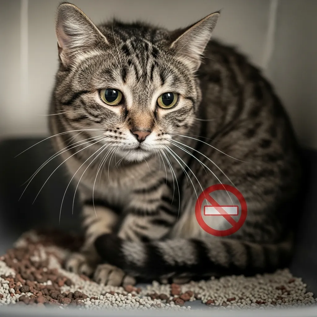 Cat in litter box showing distress, indicating possible urinary blockage symptoms.