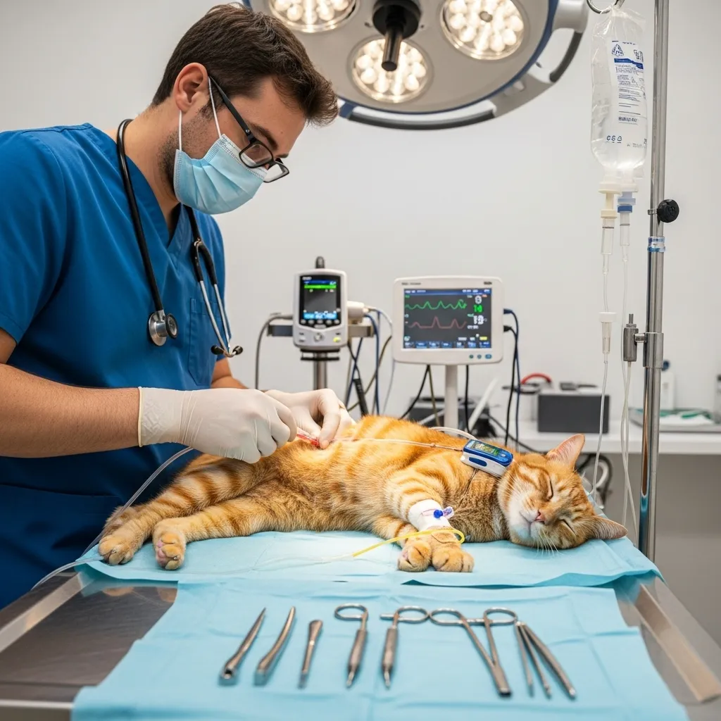 Veterinarian performing urinary catheterization on a cat in a modern clinic.