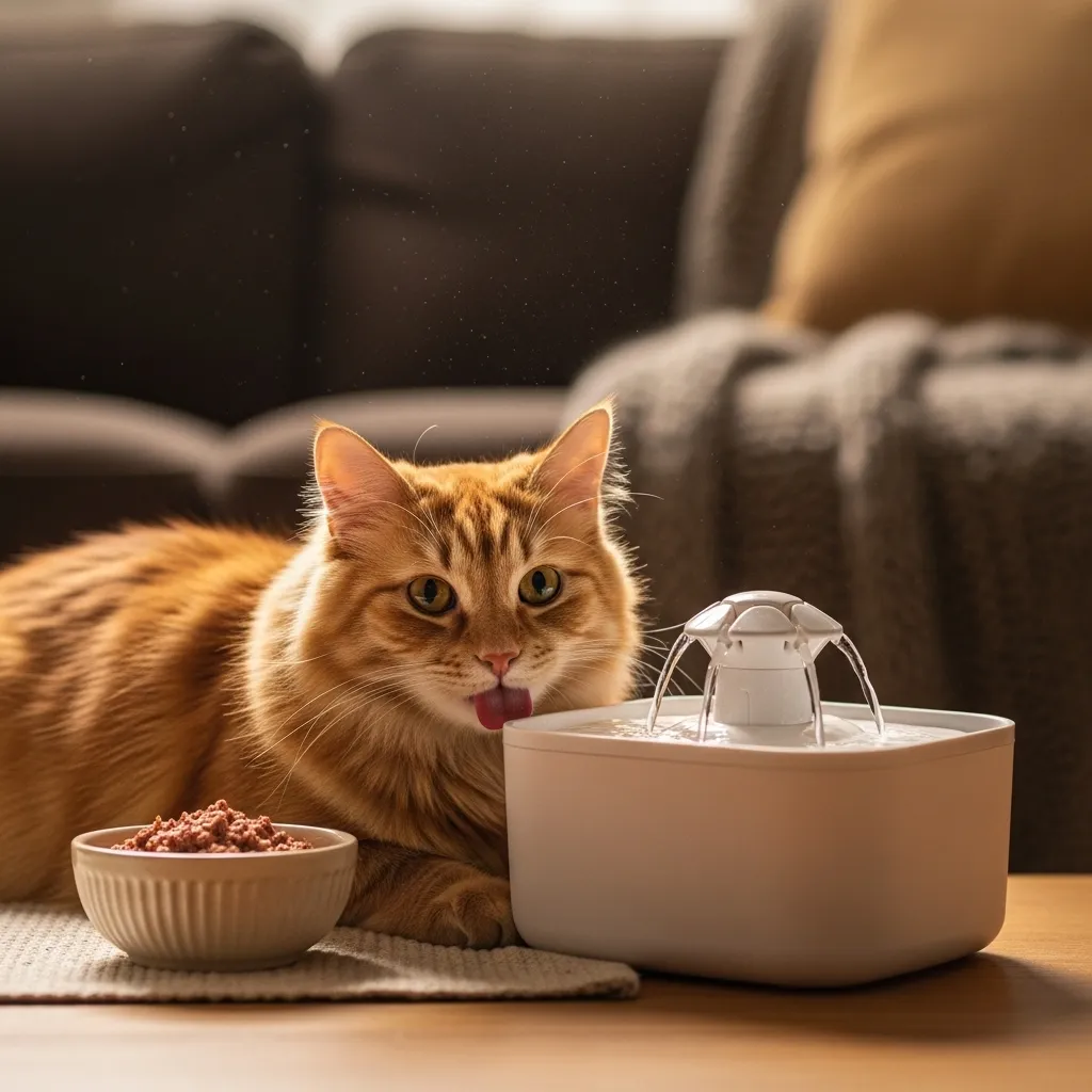 Cat recovering from urinary blockage, drinking from a pet fountain next to wet food.