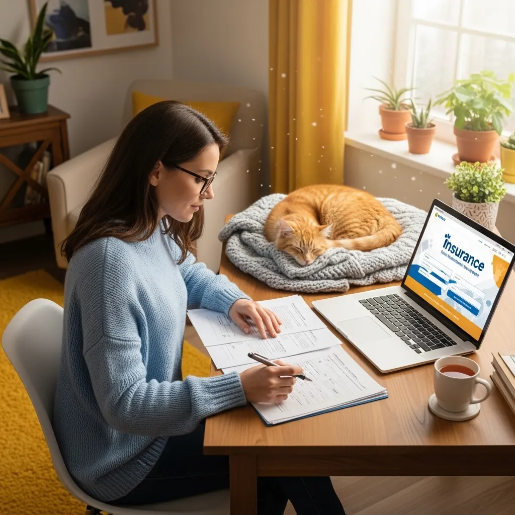 Pet owner reviewing pet insurance options with a cat in a cozy home office.
