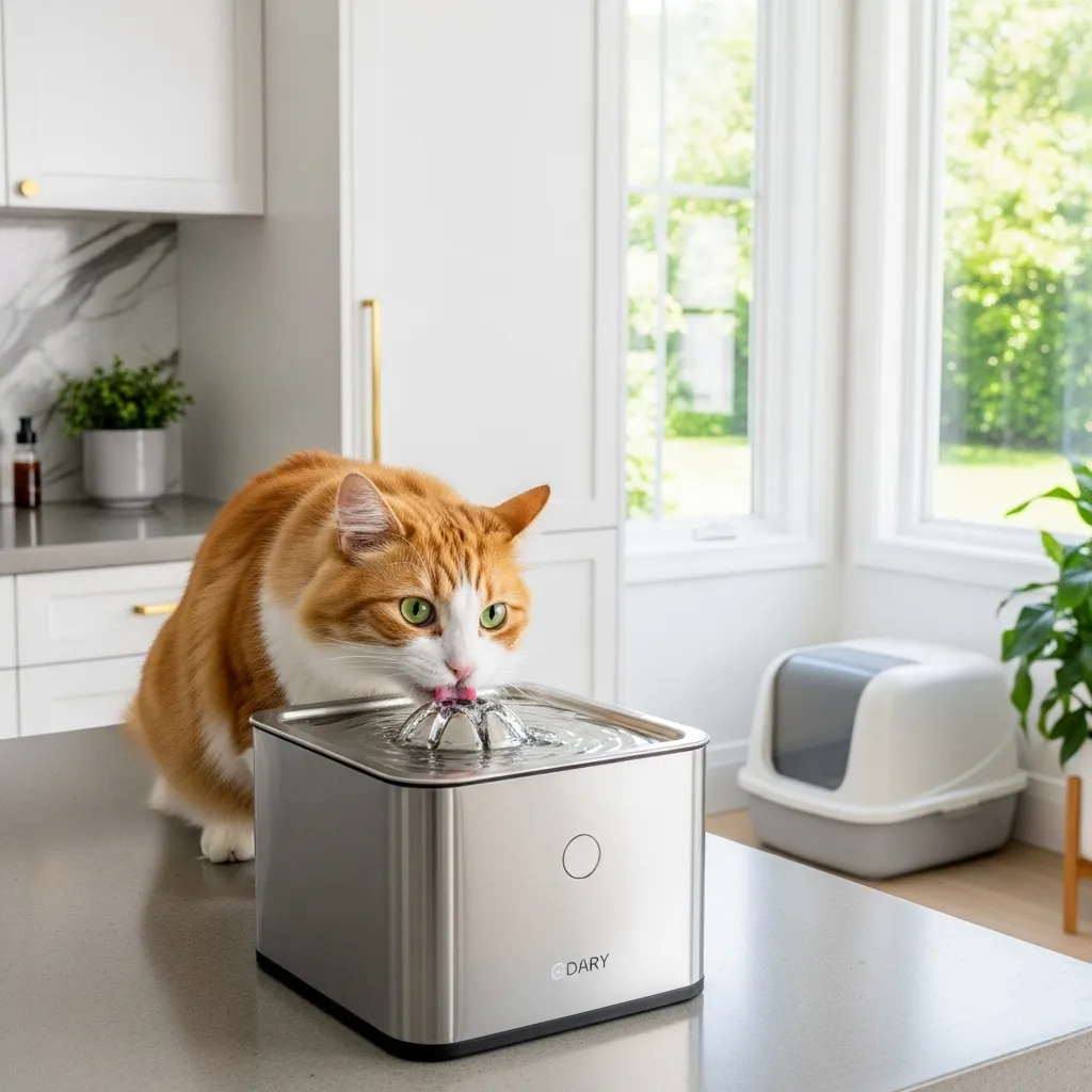 Cat drinking from a pet water fountain with a clean litter box, promoting urinary health.