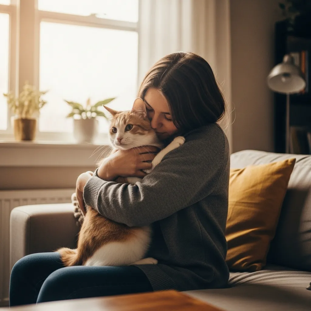 Person joyfully reuniting with their lost cat in a cozy home.