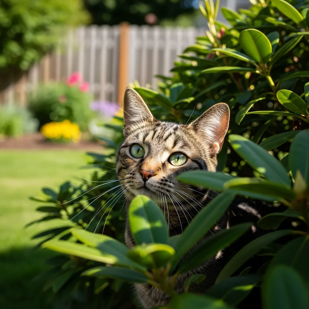 Curious cat hiding in a bush, illustrating why cats go missing.