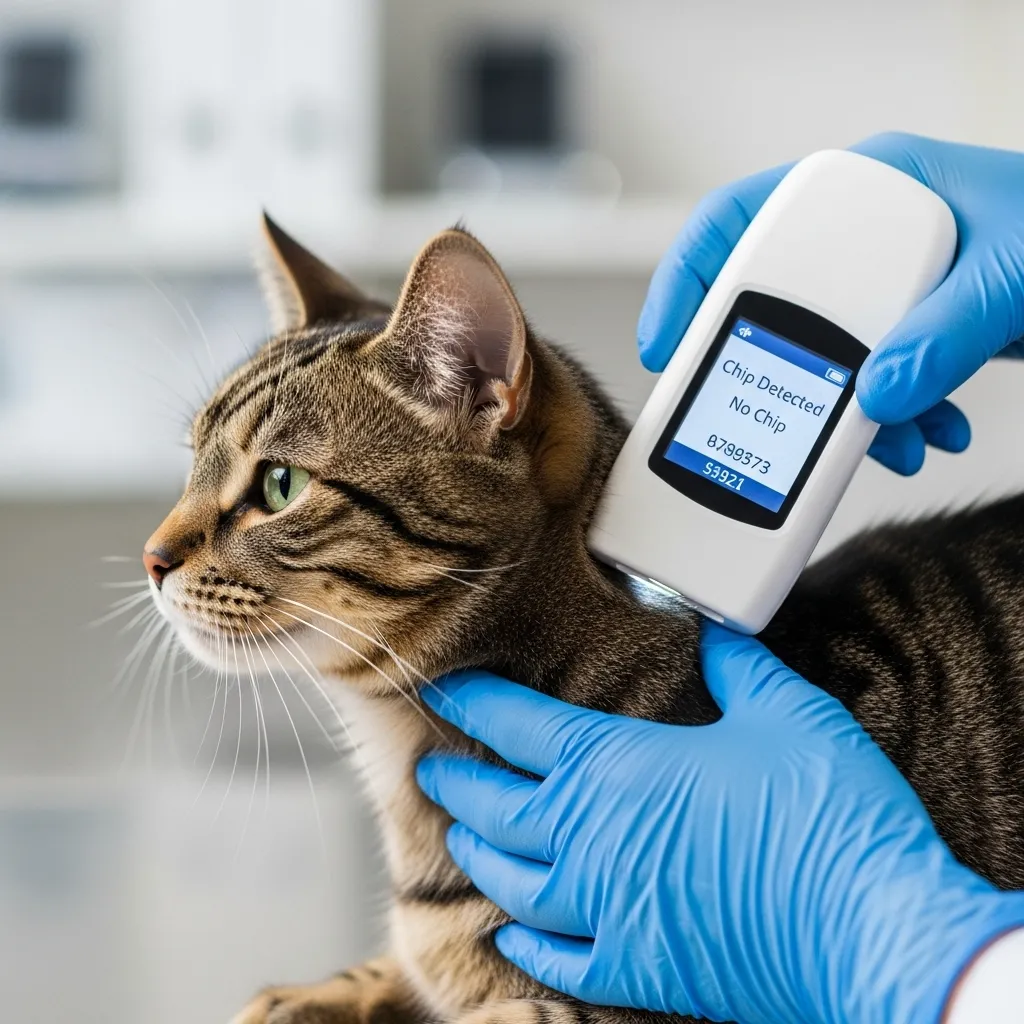 Vet scanning a cat for a microchip to aid lost cat recovery.