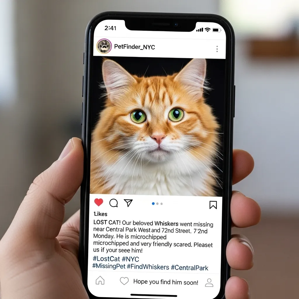 Social media post on a smartphone screen for a lost cat, boosting community awareness.