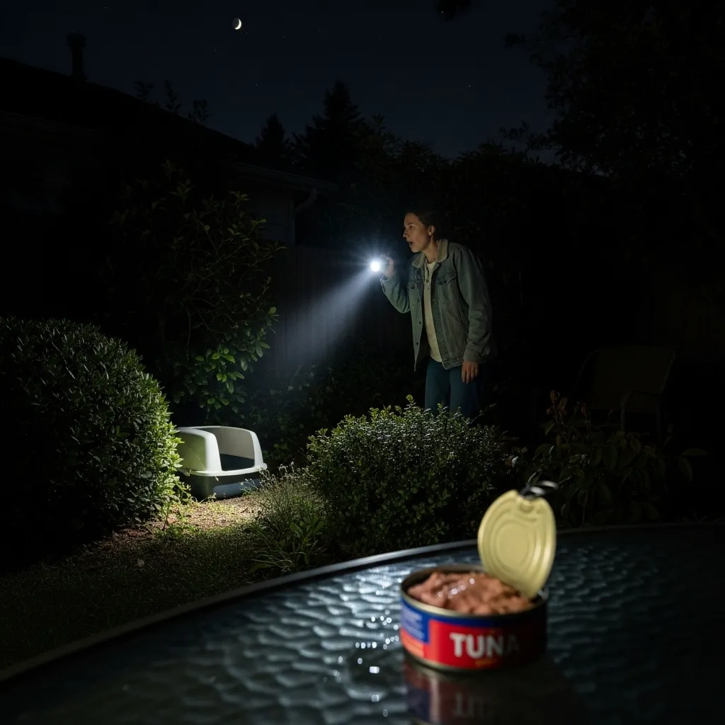 Person searching for a lost cat at night with a flashlight and scent lures.