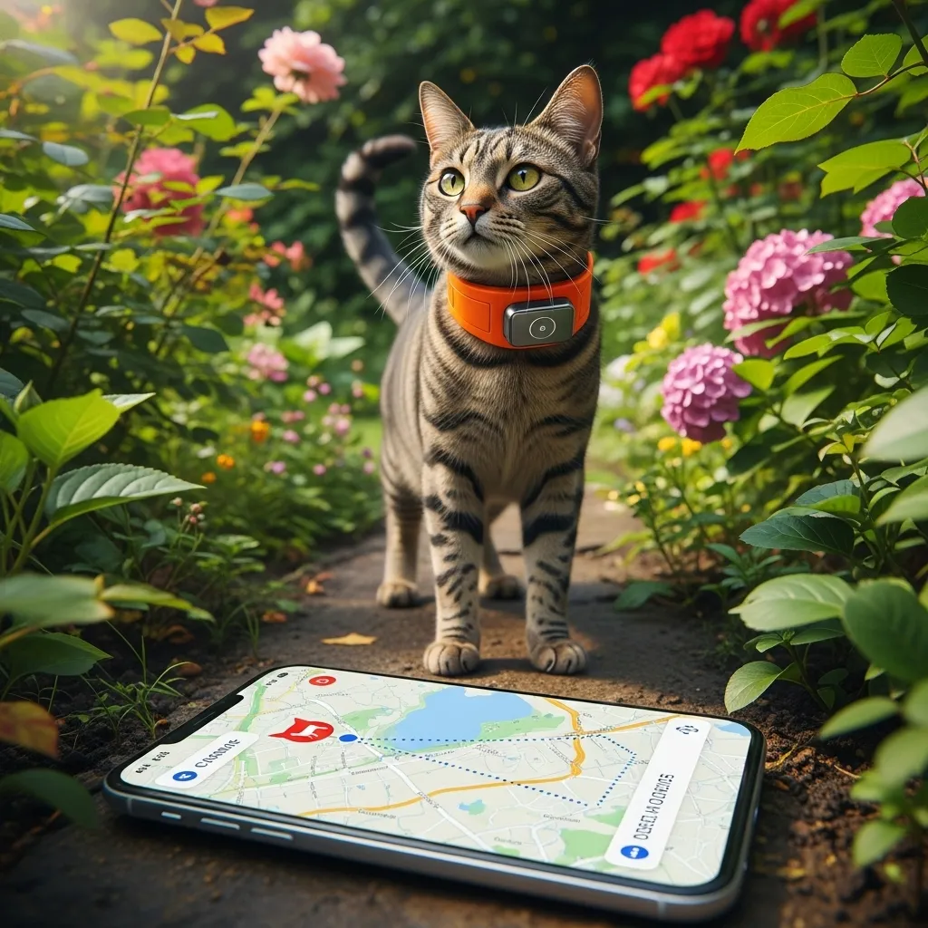 Cat with a GPS collar, tracked via a smartphone app for lost cat recovery.