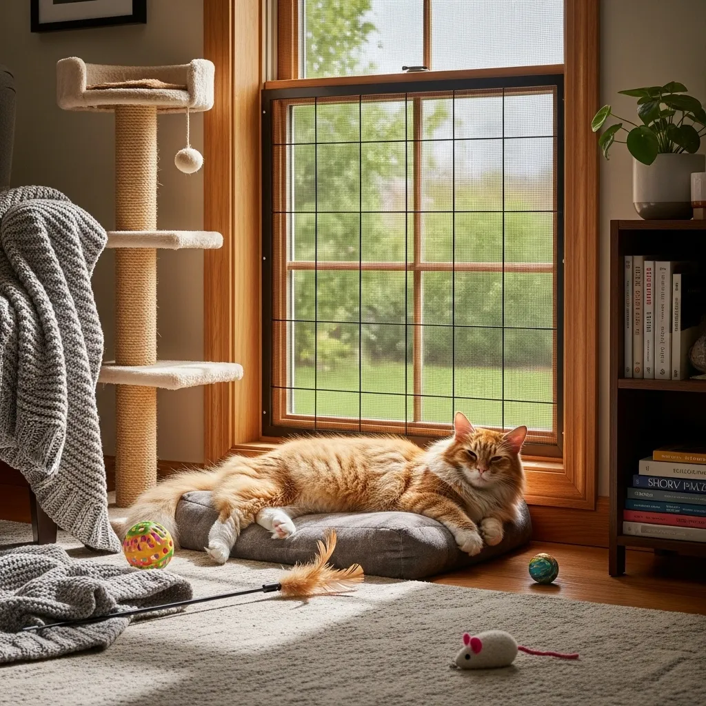 Cat safe indoors near a secure window with toys, preventing escapes.