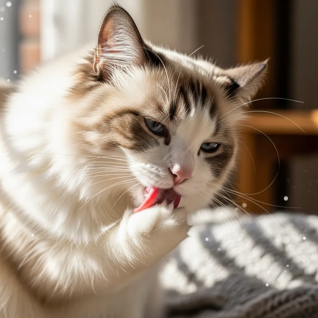 My Cat Lick Herself So Much 1 Fluffy Ragdoll cat grooming its paw in a cozy home, showcasing normal feline grooming habits.