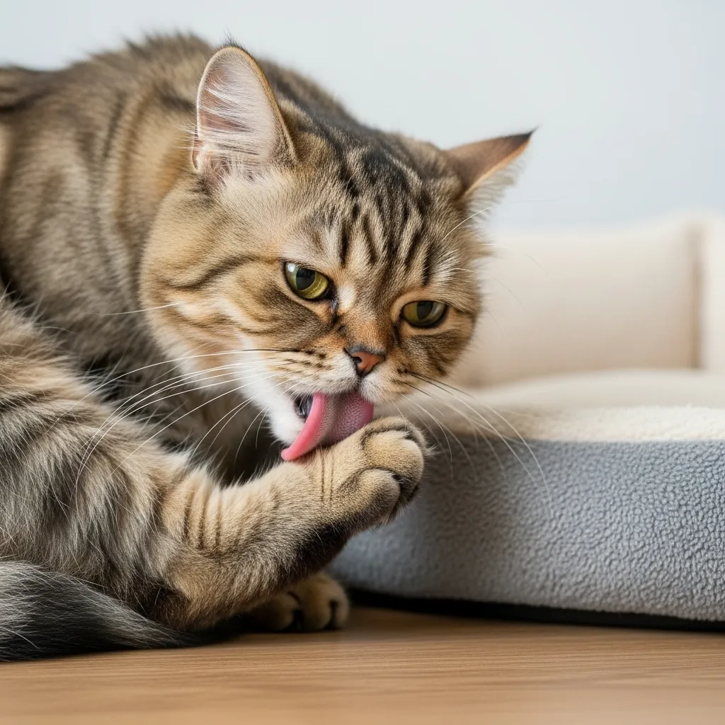 My Cat Lick Herself So Much 3 Senior Persian cat licking its hind leg, potentially indicating pain-related excessive grooming.