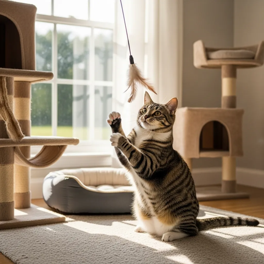 My Cat Lick Herself So Much 6 Happy cat playing with a feather toy in a stimulating home, helping prevent excessive grooming.