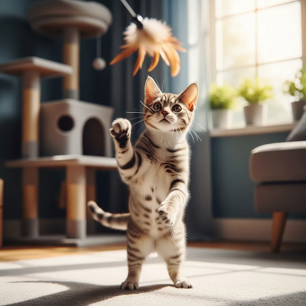 Playful 7-month-old kitten jumping for a feather toy in a cozy living room, showcasing healthy growth and energy.