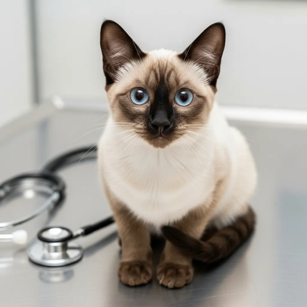 Siamese kitten at a vet checkup, highlighting the importance of monitoring weight and health at 7 months.