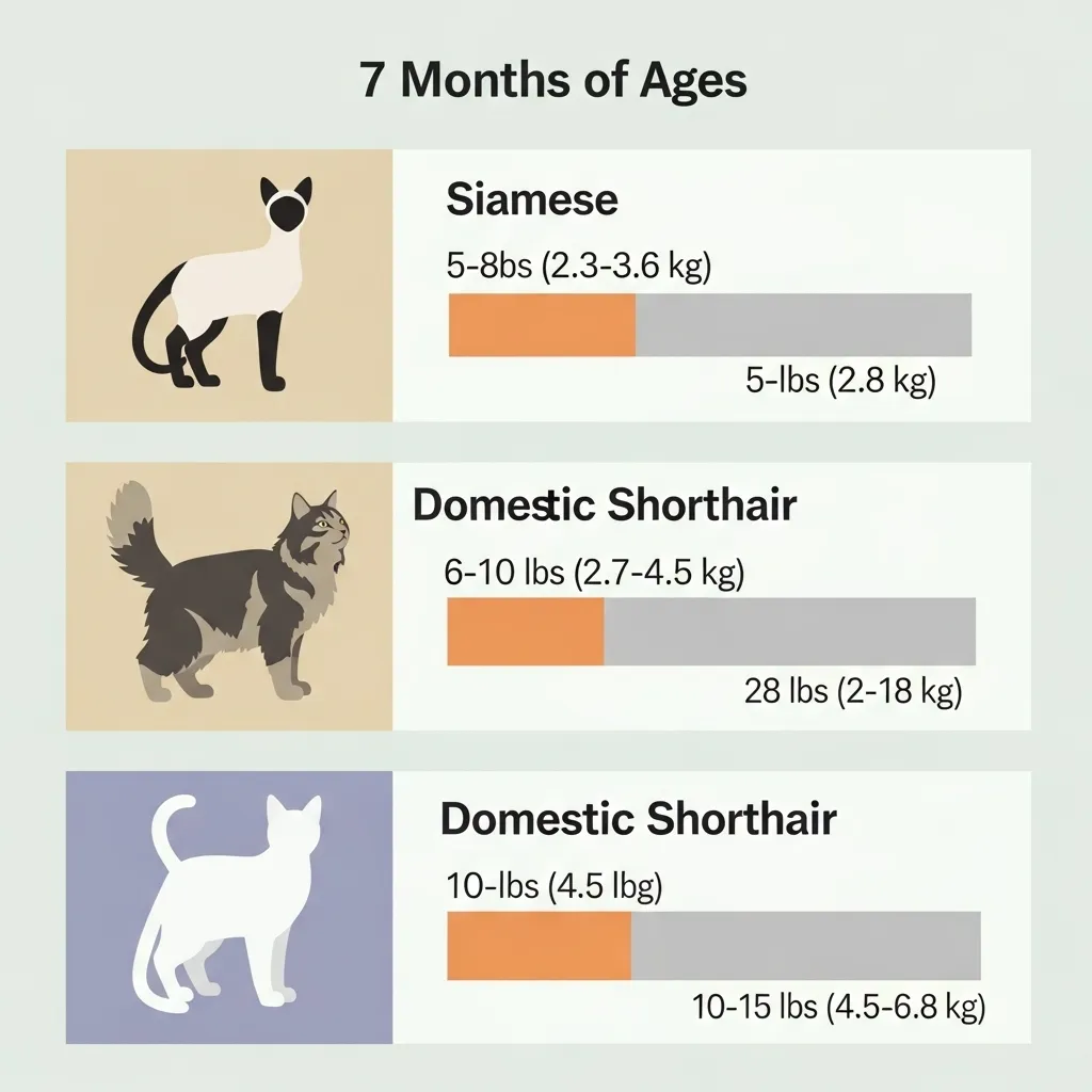 Infographic of 7-month-old kitten weight ranges by breed, featuring Siamese, Maine Coon, and Domestic Shorthair icons.