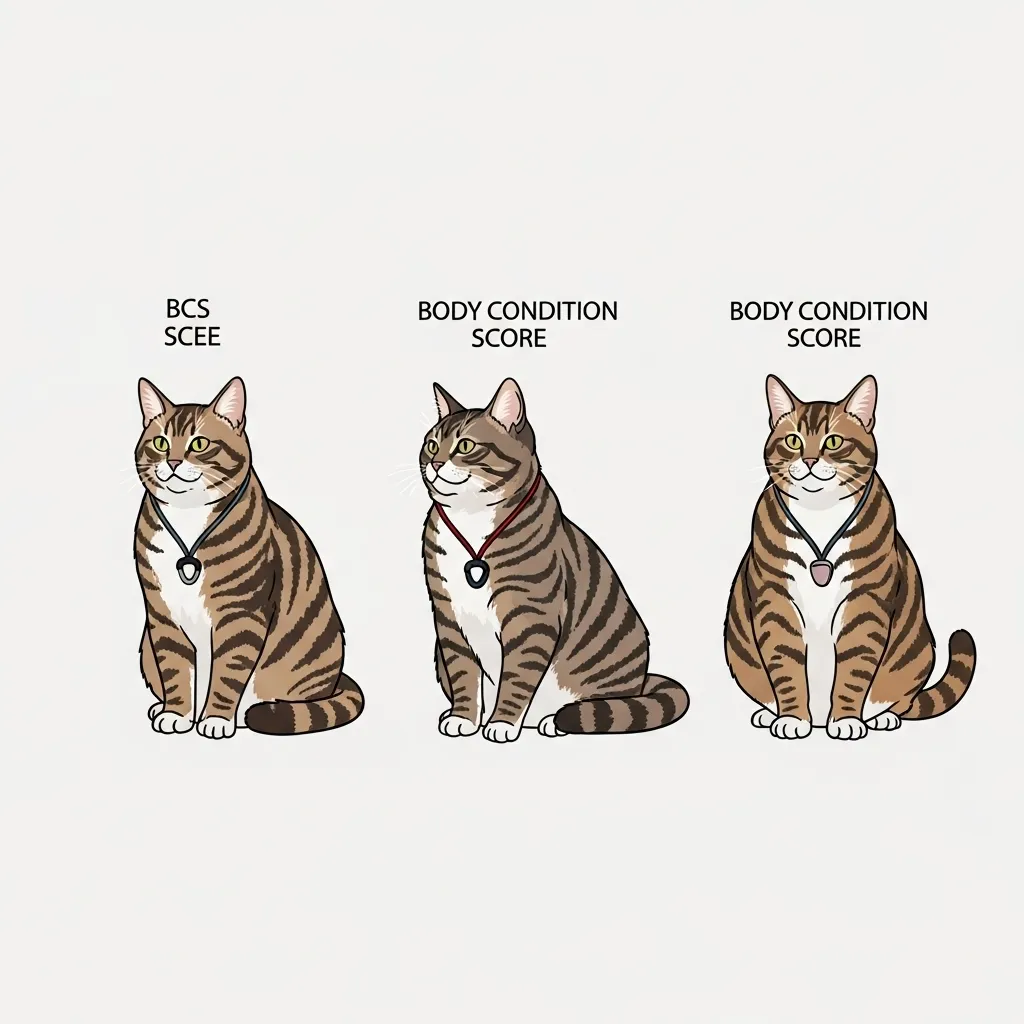 Illustration comparing underweight, ideal, and overweight cat body conditions for 7-month-old kittens.