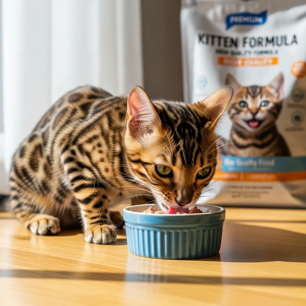 Bengal kitten eating wet food from a bowl, showcasing proper nutrition for a 7-month-old cat.