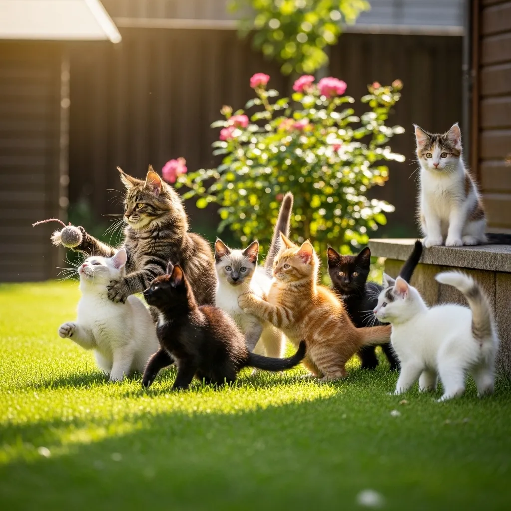 Diverse 7-month-old kittens playing, highlighting breed-specific growth and healthy weight.