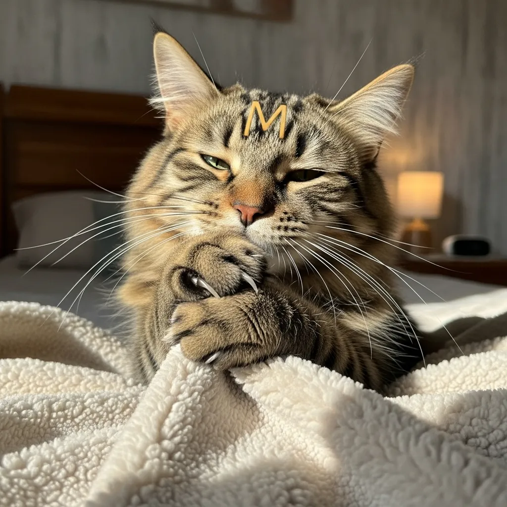 Tabby cat kneading a blanket on a bed, demonstrating common cat bed digging behavior.