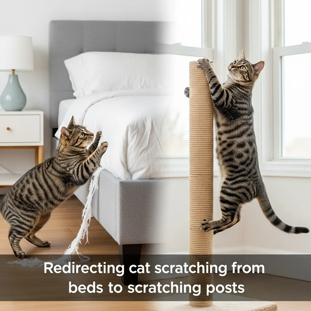 Cat scratching a bed versus using a scratching post, illustrating solutions for cat bed digging behavior.