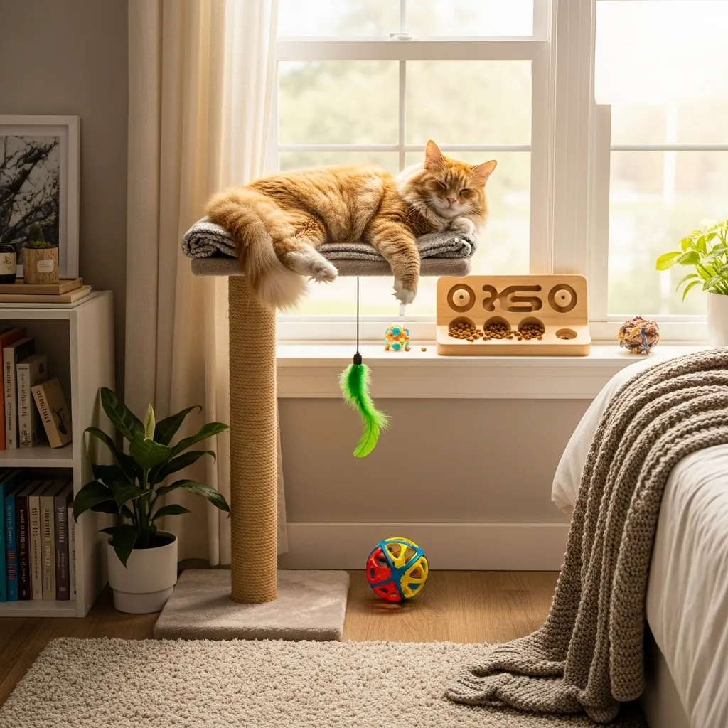 Cat relaxing on a window perch with toys, demonstrating an enriched environment to prevent bed digging.