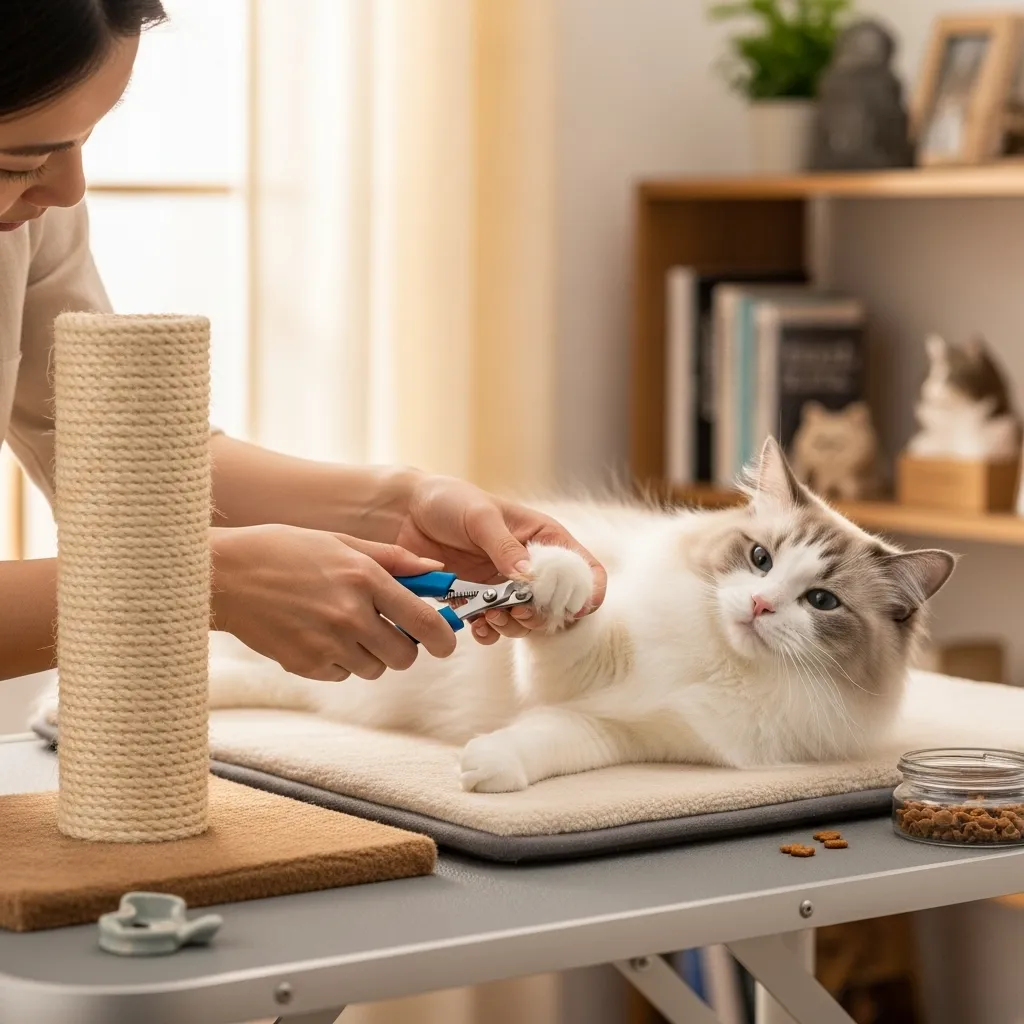 Cat owner trimming cat’s nails to reduce bed scratching, with a scratching post in the background.