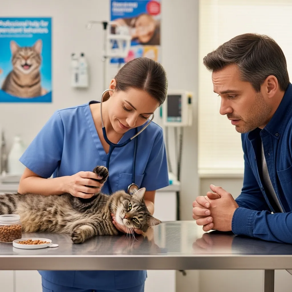 Veterinarian checking a cat for health issues related to bed digging behavior.