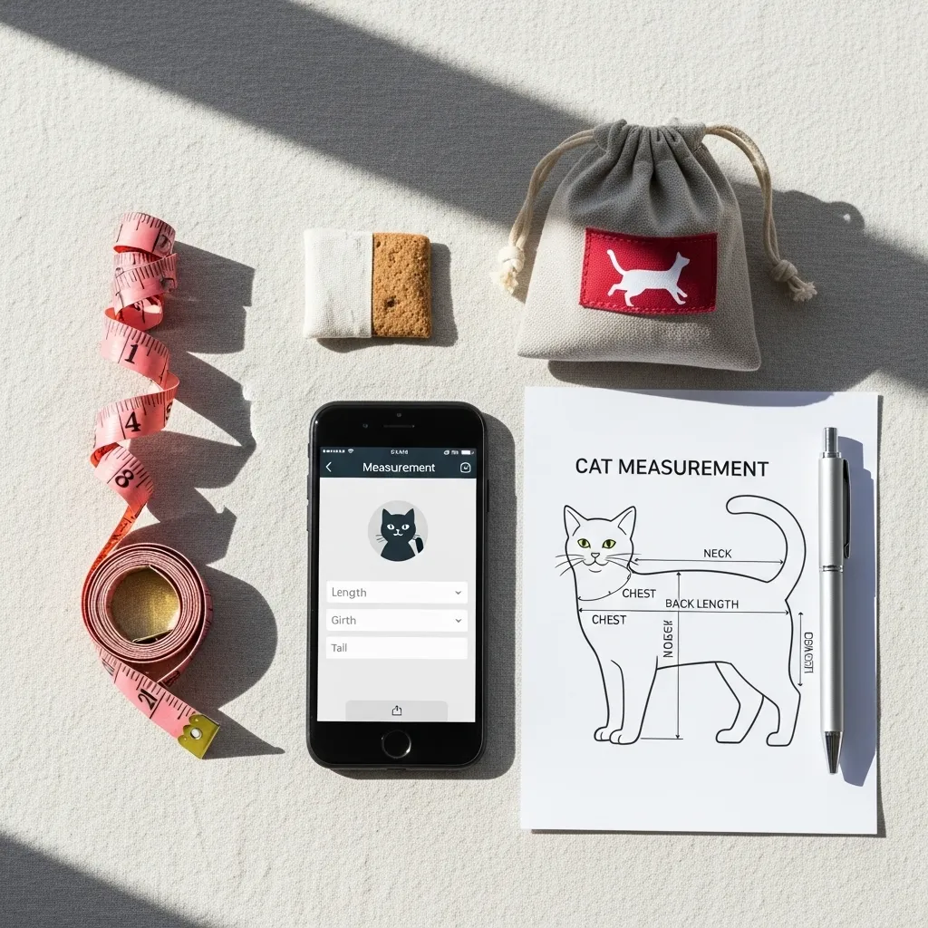 Essential tools for measuring cats – tape, treats, chart, and phone