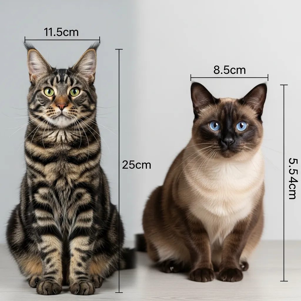 Side-by-side photos of a Maine Coon and a Siamese with measurement overlays showing size differences.