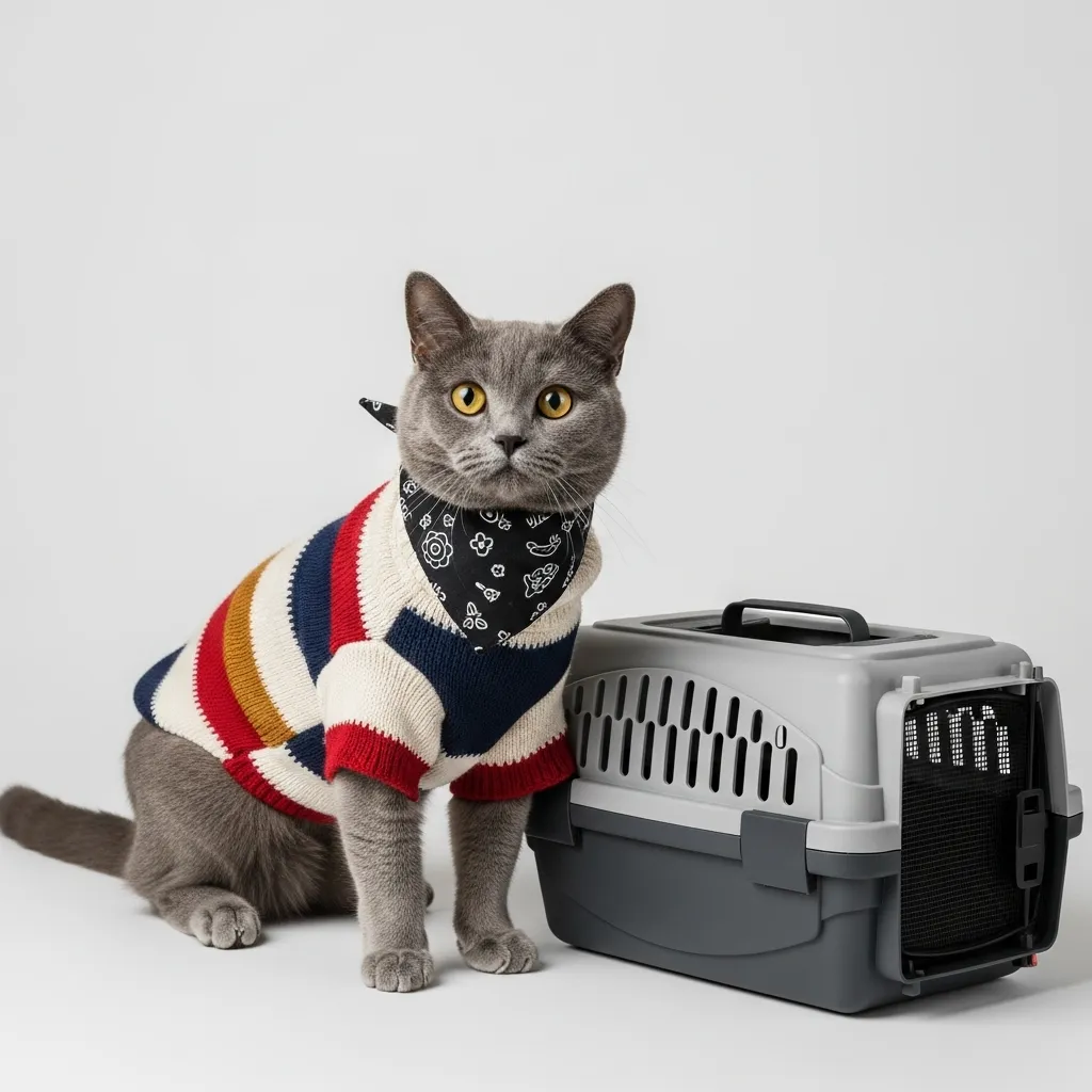 Cat wearing properly fitted clothes and carrier – thanks to accurate measurements