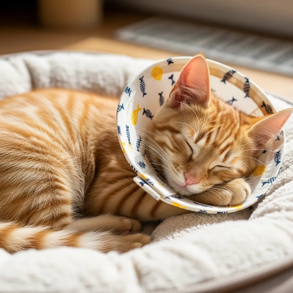 Kitten recovering calmly after neutering procedure with e-collar