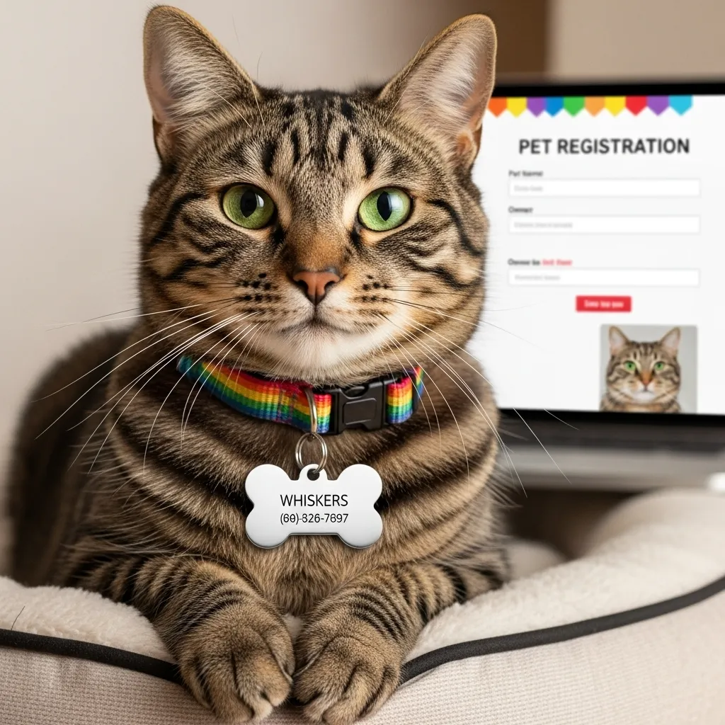 Tabby cat with license tag on collar, next to laptop showing online cat registration form.