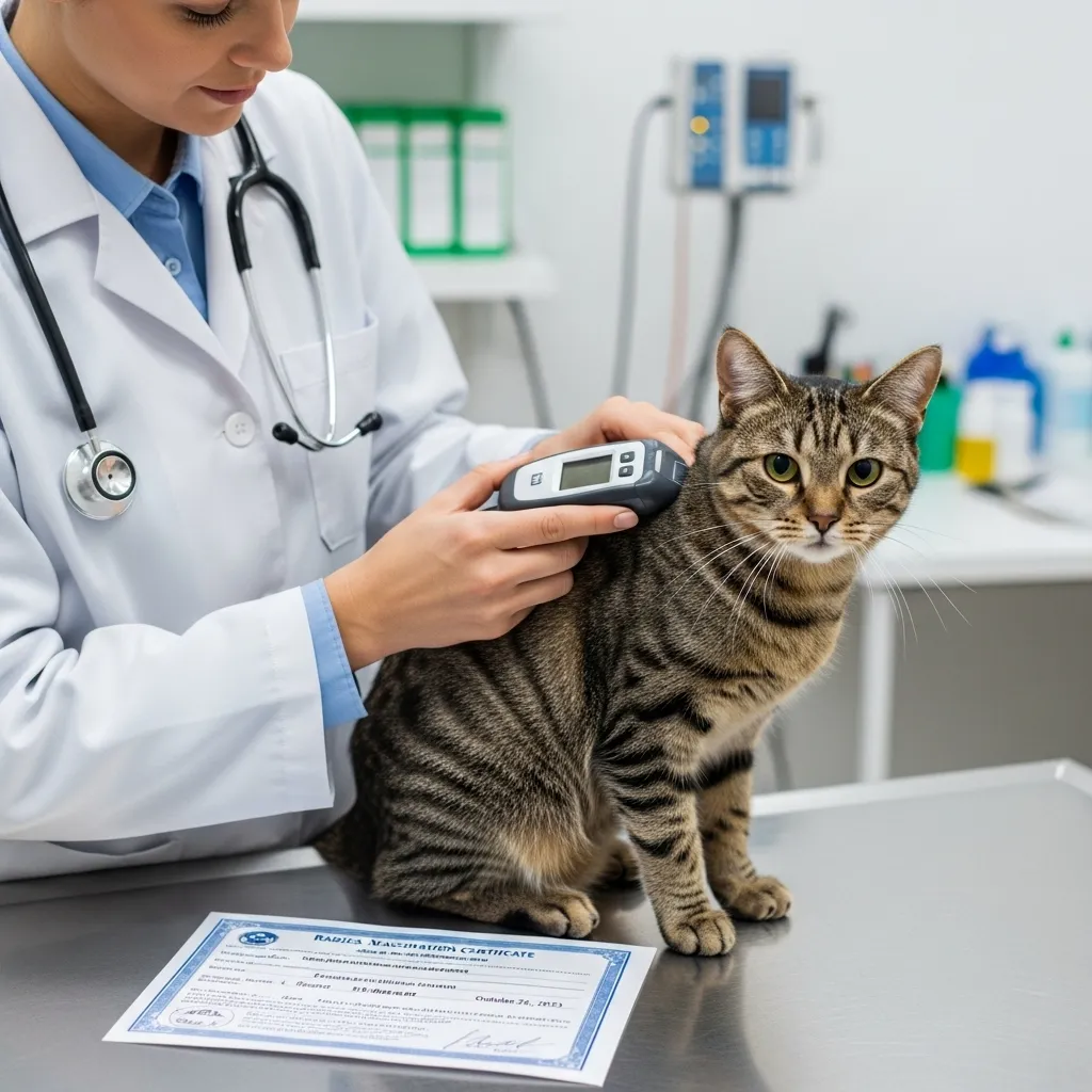 Veterinarian scanning microchip on cat with rabies vaccination certificate nearby.