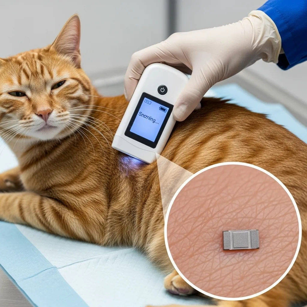 Vet scanning microchip on cat with inset image of microchip size.