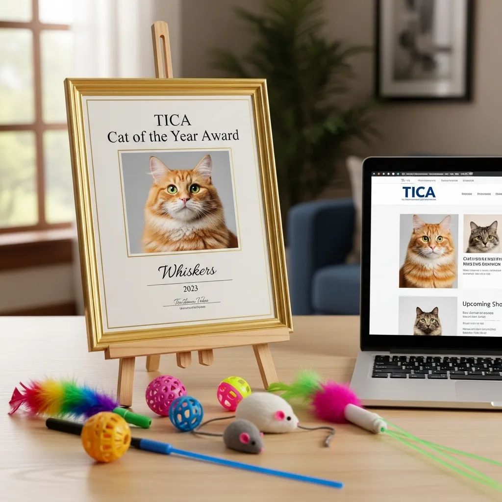 TICA household pet registration certificate with cat photo and toys.