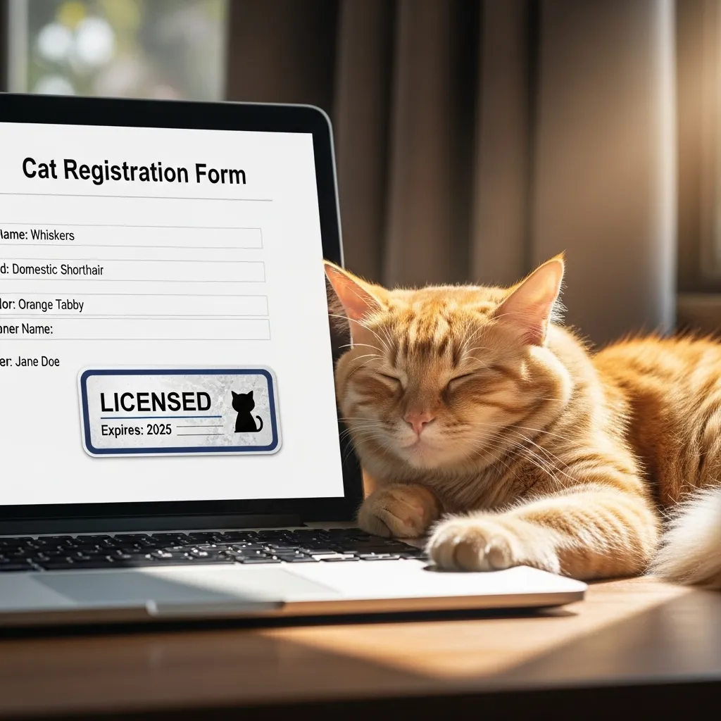 Laptop displaying online cat registration form with digital license tag and cat nearby.