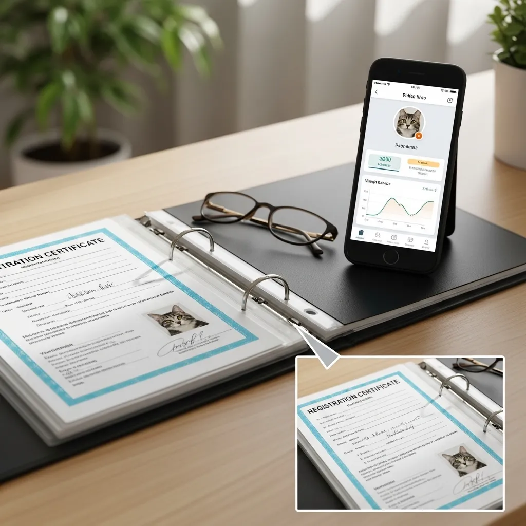Organized cat registration binder with smartphone showing pet health app.