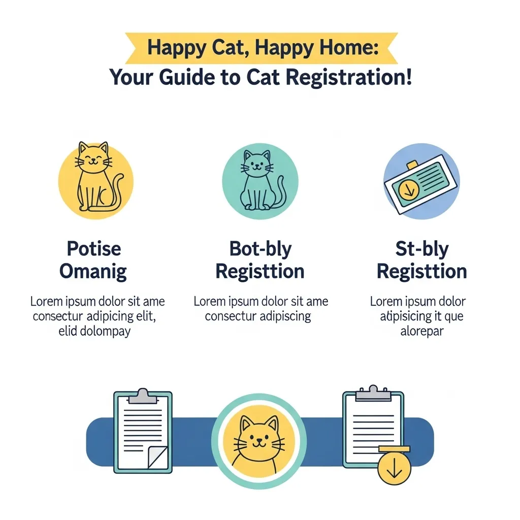Infographic of cat registration steps with microchip, license tag, and vaccination icons.